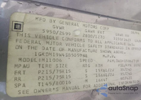 1995 GMC Safari Xt z USA, uszkodzony, nr VIN 1GKDM19W4SB505988